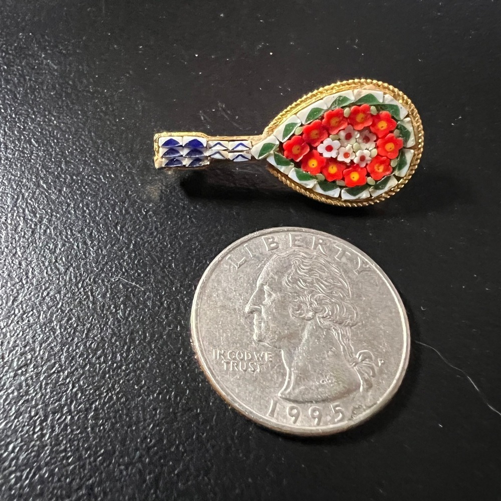 Vintage Micro Mosaic Lute Brooch Orange White Flowers Gold Tone Pin - Picture 7 of 10